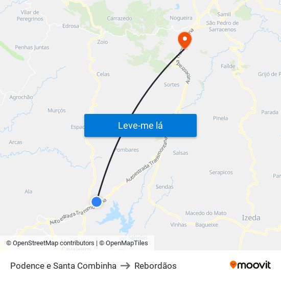 Podence e Santa Combinha to Rebordãos map