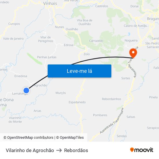 Vilarinho de Agrochão to Rebordãos map