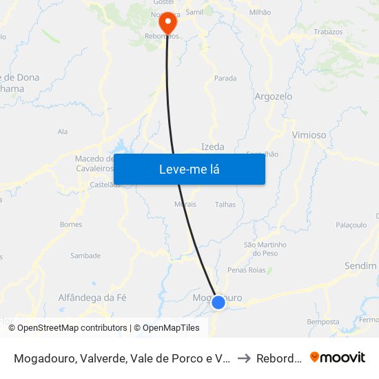 Mogadouro, Valverde, Vale de Porco e Vilar de Rei to Rebordãos map