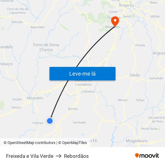 Freixeda e Vila Verde to Rebordãos map