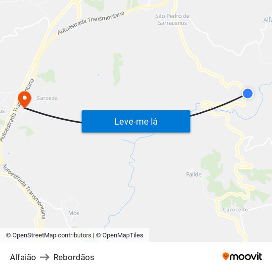 Alfaião to Rebordãos map