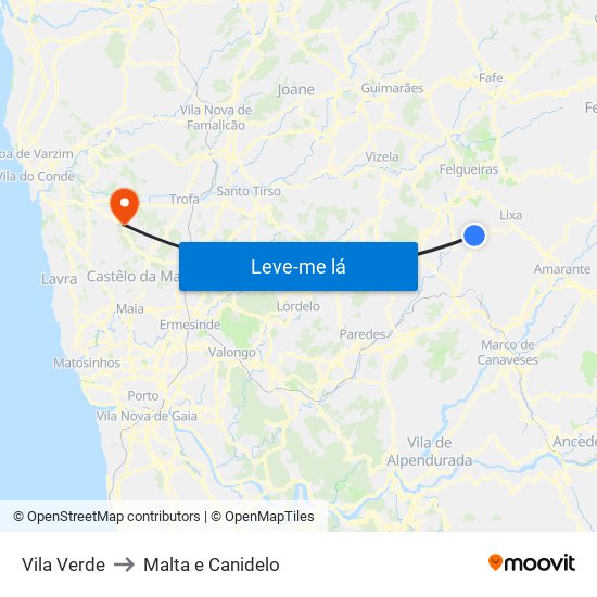 Vila Verde to Malta e Canidelo map