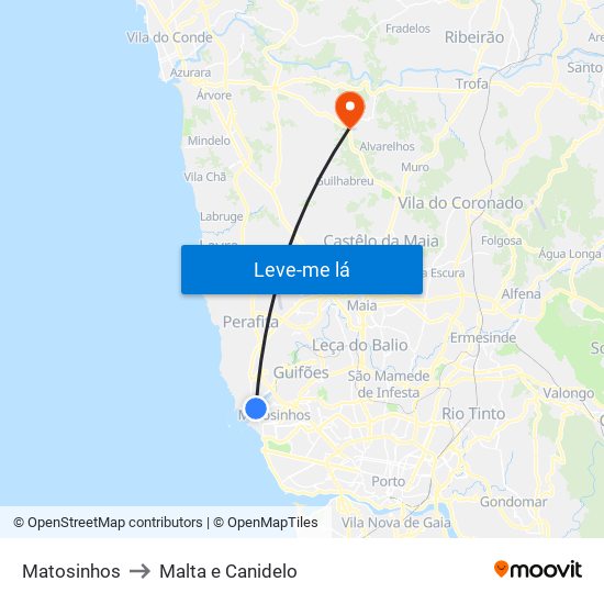 Matosinhos to Malta e Canidelo map