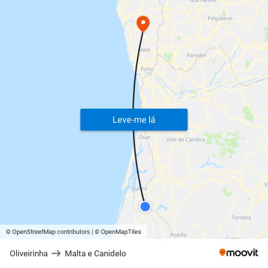 Oliveirinha to Malta e Canidelo map