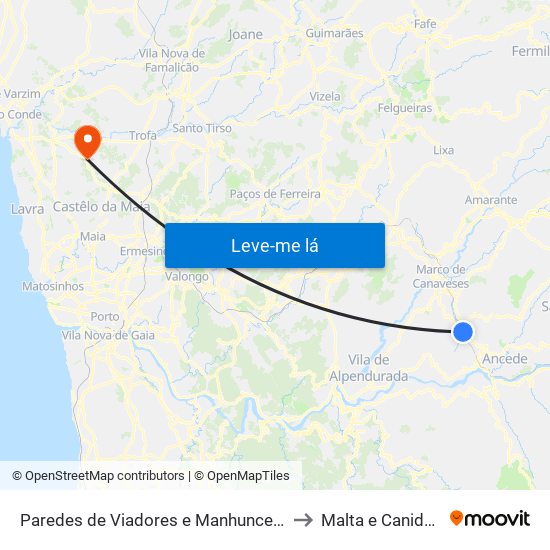 Paredes de Viadores e Manhuncelos to Malta e Canidelo map