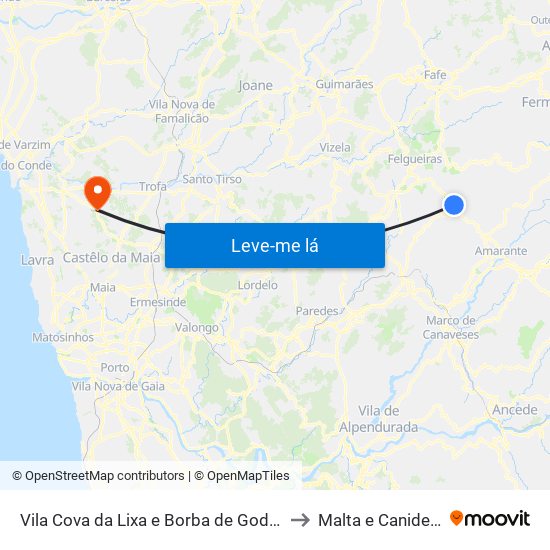 Vila Cova da Lixa e Borba de Godim to Malta e Canidelo map