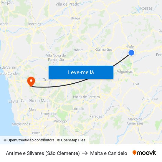 Antime e Silvares (São Clemente) to Malta e Canidelo map