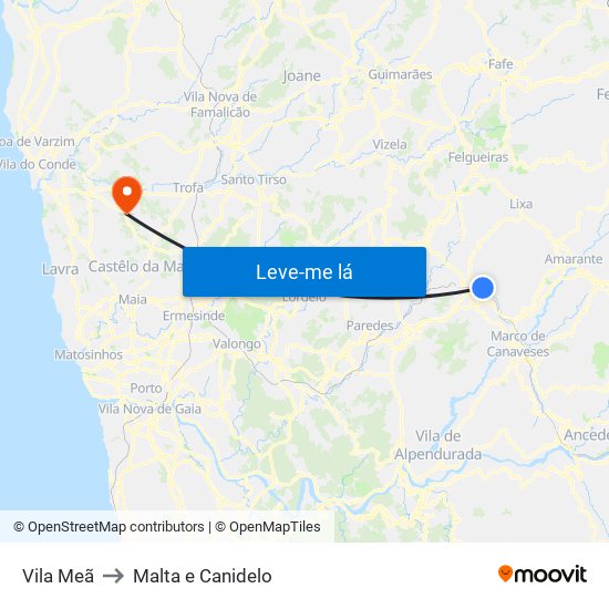 Vila Meã to Malta e Canidelo map