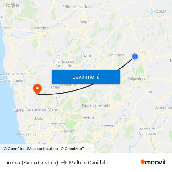 Arões (Santa Cristina) to Malta e Canidelo map