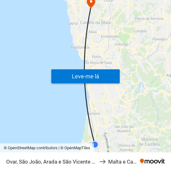 Ovar, São João, Arada e São Vicente de Pereira Jusã to Malta e Canidelo map