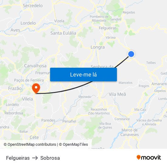 Felgueiras to Sobrosa map