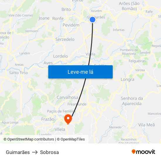 Guimarães to Sobrosa map