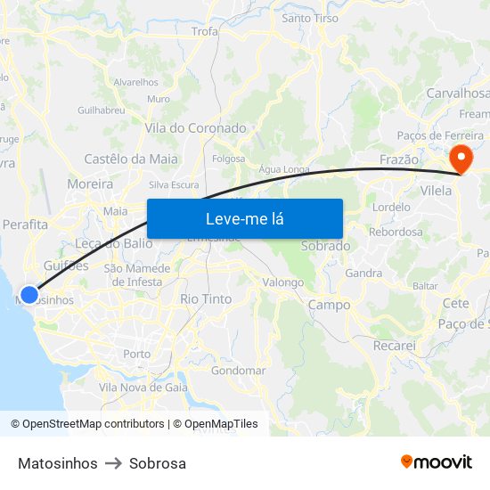 Matosinhos to Sobrosa map
