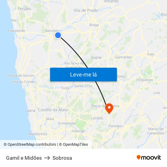 Gamil e Midões to Sobrosa map