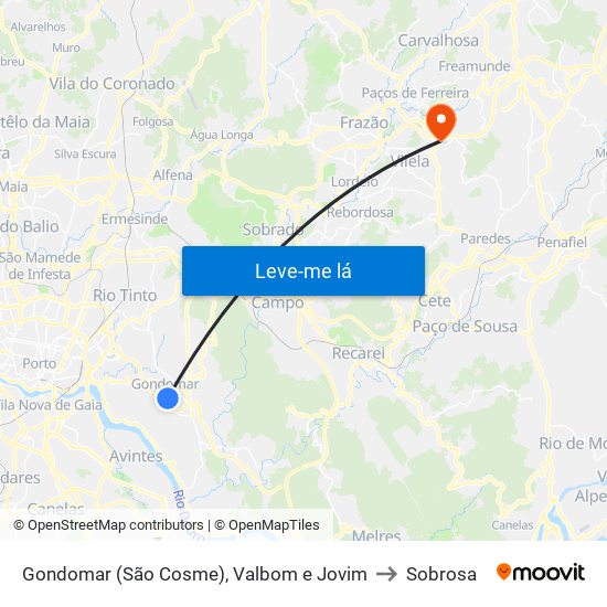 Gondomar (São Cosme), Valbom e Jovim to Sobrosa map