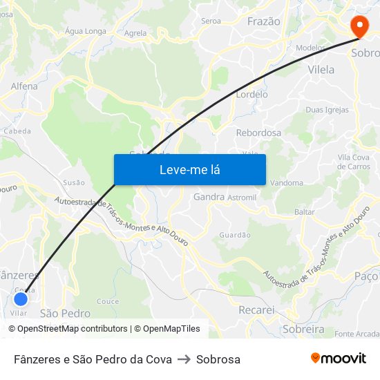 Fânzeres e São Pedro da Cova to Sobrosa map