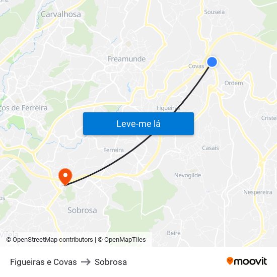 Figueiras e Covas to Sobrosa map