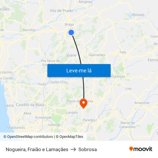 Nogueira, Fraião e Lamaçães to Sobrosa map