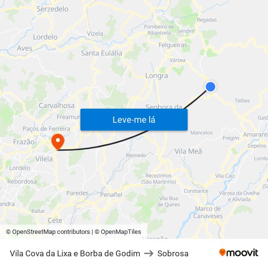 Vila Cova da Lixa e Borba de Godim to Sobrosa map