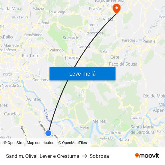 Sandim, Olival, Lever e Crestuma to Sobrosa map