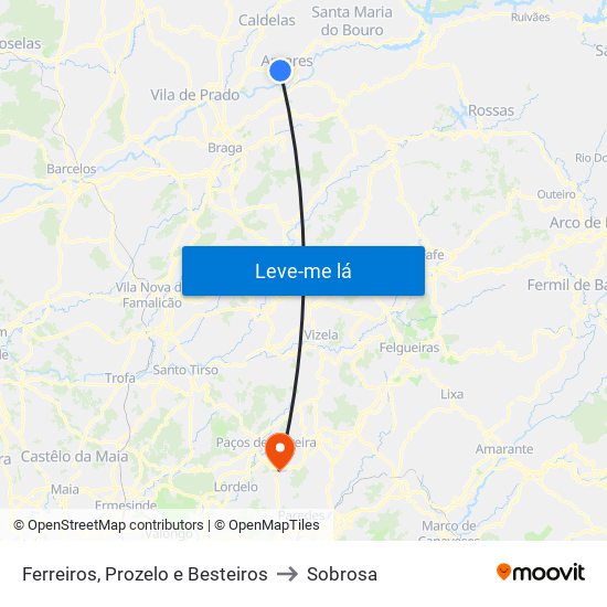 Ferreiros, Prozelo e Besteiros to Sobrosa map