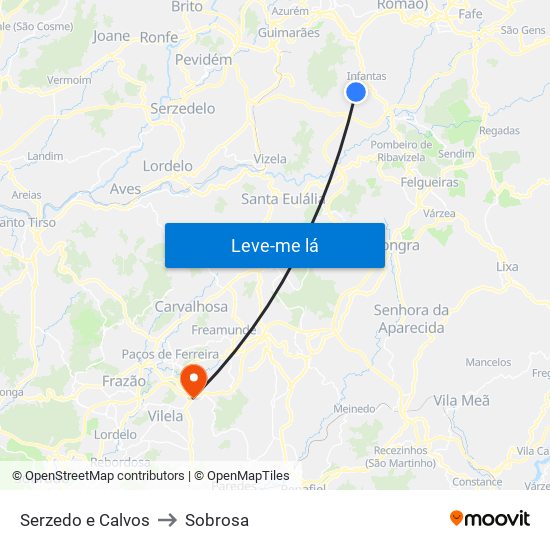 Serzedo e Calvos to Sobrosa map