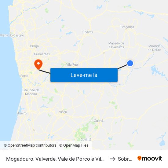 Mogadouro, Valverde, Vale de Porco e Vilar de Rei to Sobrosa map