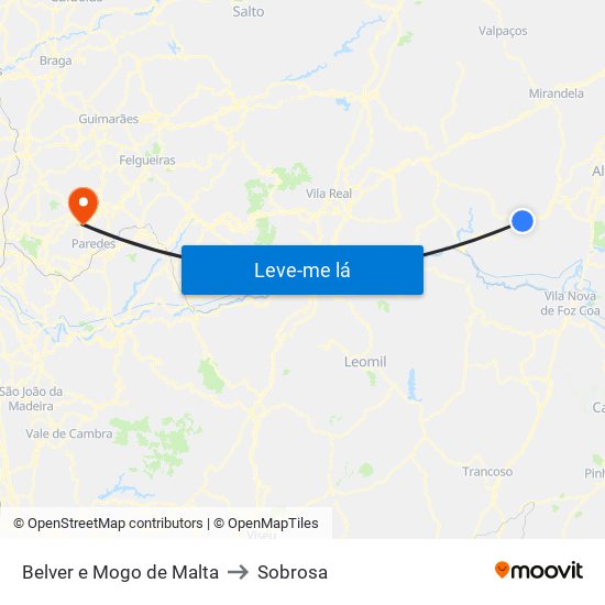 Belver e Mogo de Malta to Sobrosa map