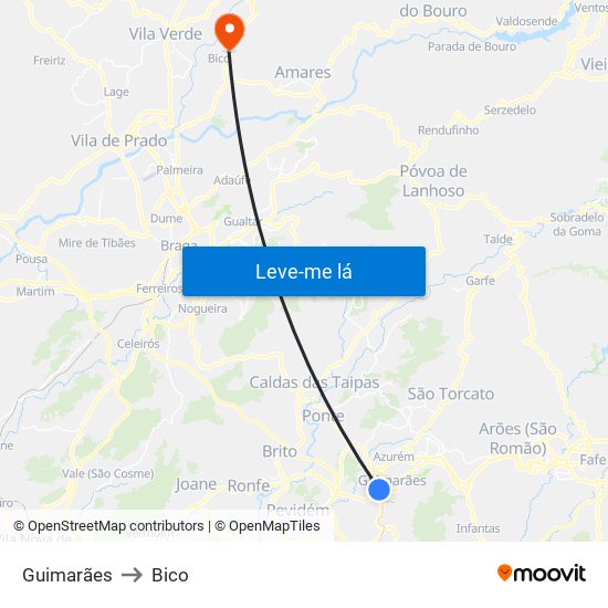 Guimarães to Bico map