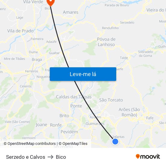 Serzedo e Calvos to Bico map