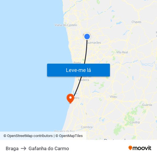 Braga to Gafanha do Carmo map