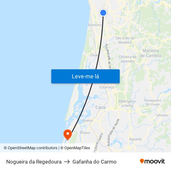 Nogueira da Regedoura to Gafanha do Carmo map