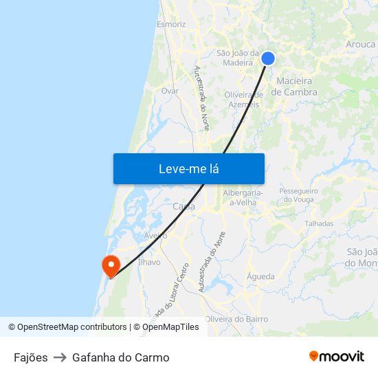 Fajões to Gafanha do Carmo map