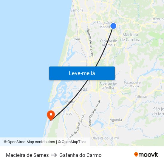 Macieira de Sarnes to Gafanha do Carmo map