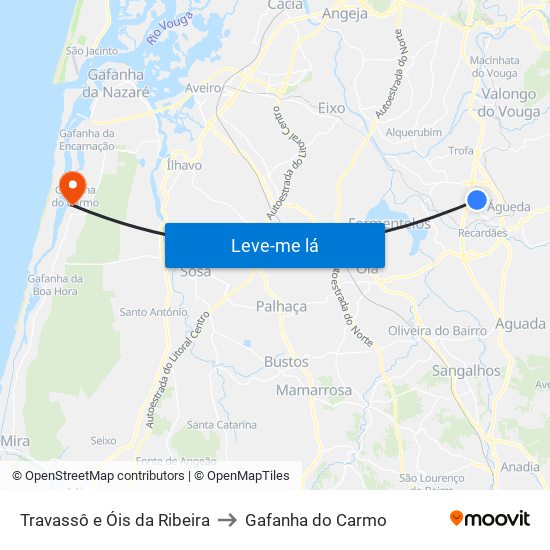 Travassô e Óis da Ribeira to Gafanha do Carmo map