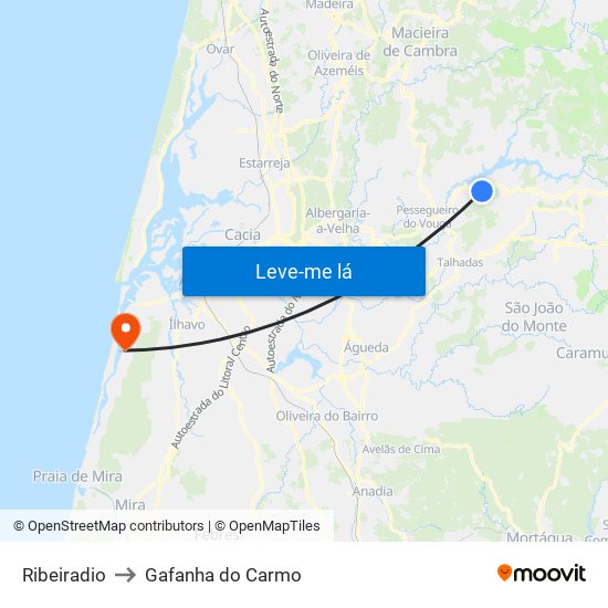 Ribeiradio to Gafanha do Carmo map