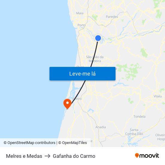 Melres e Medas to Gafanha do Carmo map