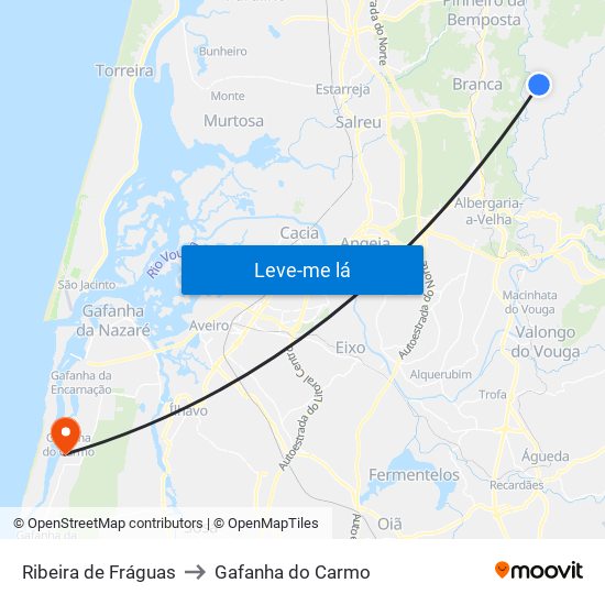 Ribeira de Fráguas to Gafanha do Carmo map