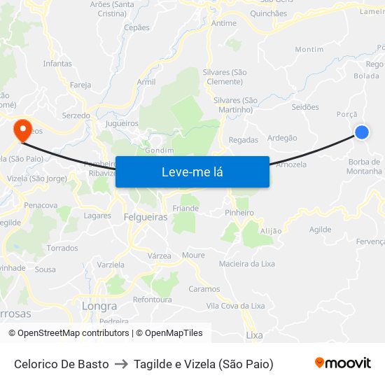 Celorico De Basto to Tagilde e Vizela (São Paio) map