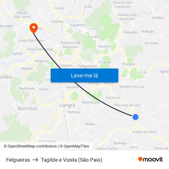 Felgueiras to Tagilde e Vizela (São Paio) map