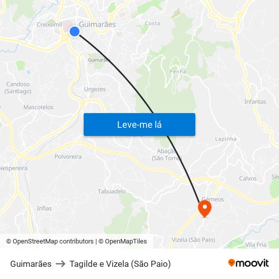 Guimarães to Tagilde e Vizela (São Paio) map