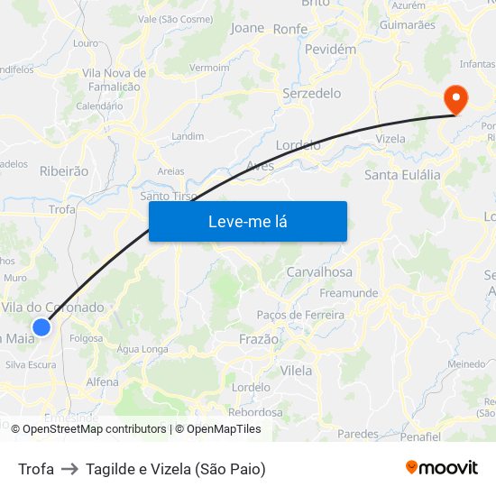 Trofa to Tagilde e Vizela (São Paio) map