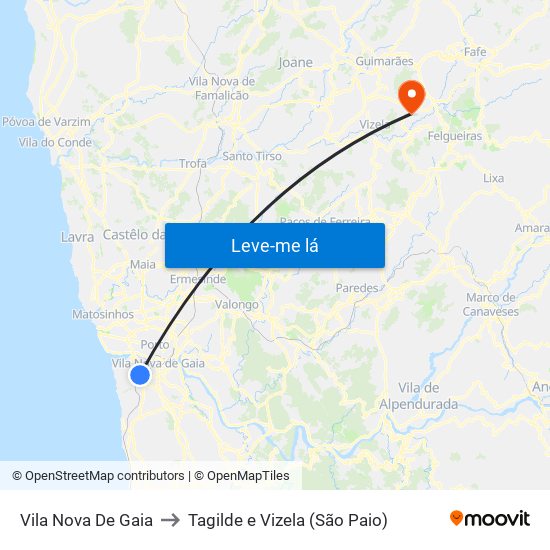 Vila Nova De Gaia to Tagilde e Vizela (São Paio) map