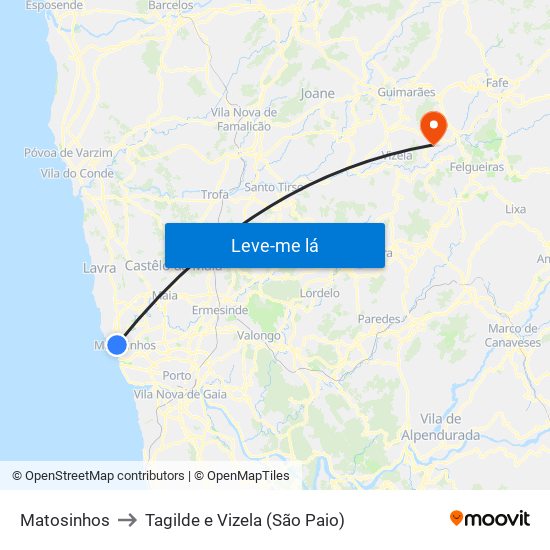 Matosinhos to Tagilde e Vizela (São Paio) map