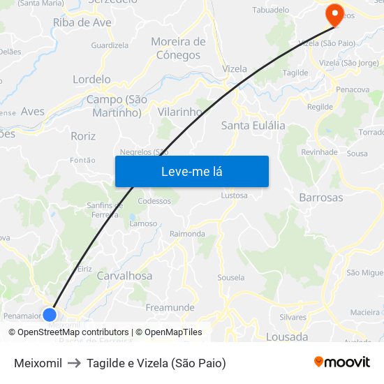 Meixomil to Tagilde e Vizela (São Paio) map