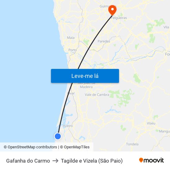 Gafanha do Carmo to Tagilde e Vizela (São Paio) map