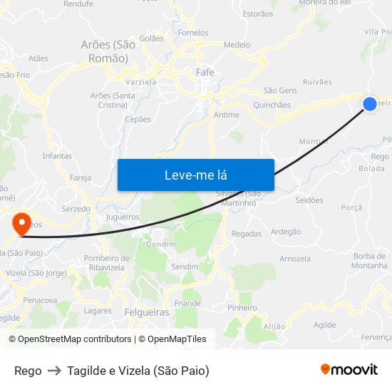 Rego to Tagilde e Vizela (São Paio) map