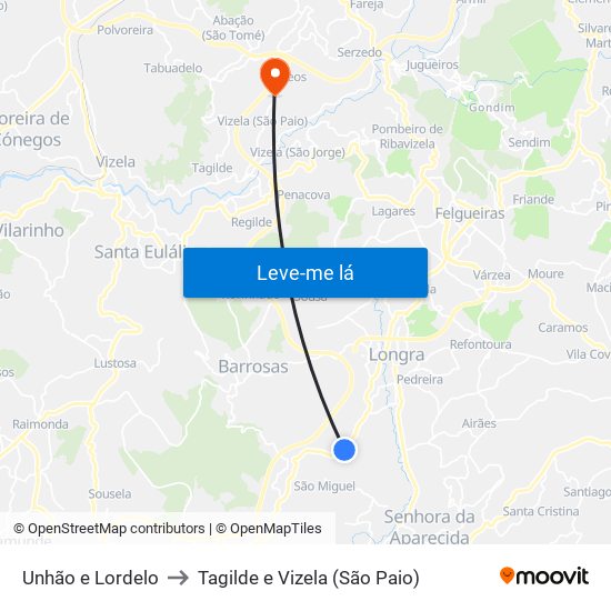 Unhão e Lordelo to Tagilde e Vizela (São Paio) map