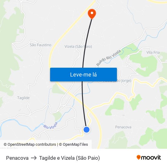 Penacova to Tagilde e Vizela (São Paio) map