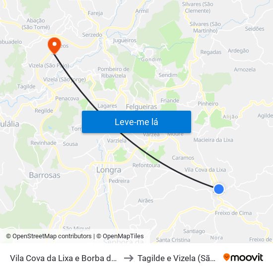 Vila Cova da Lixa e Borba de Godim to Tagilde e Vizela (São Paio) map